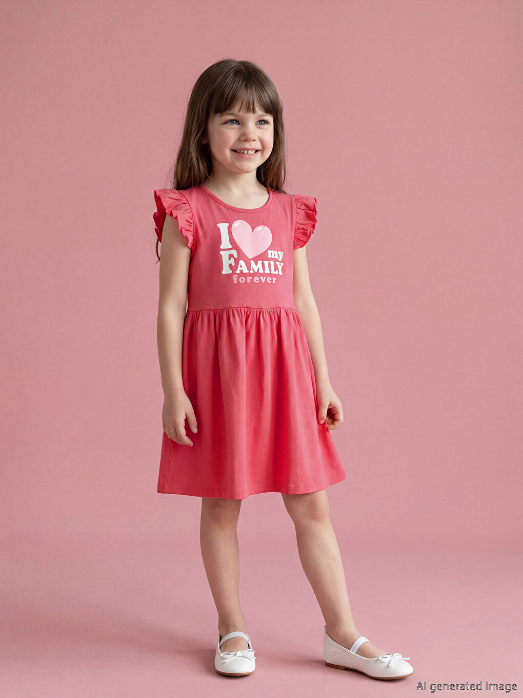 Mädchenkleid mit Rundhalsausschnitt, Rüschen und Print