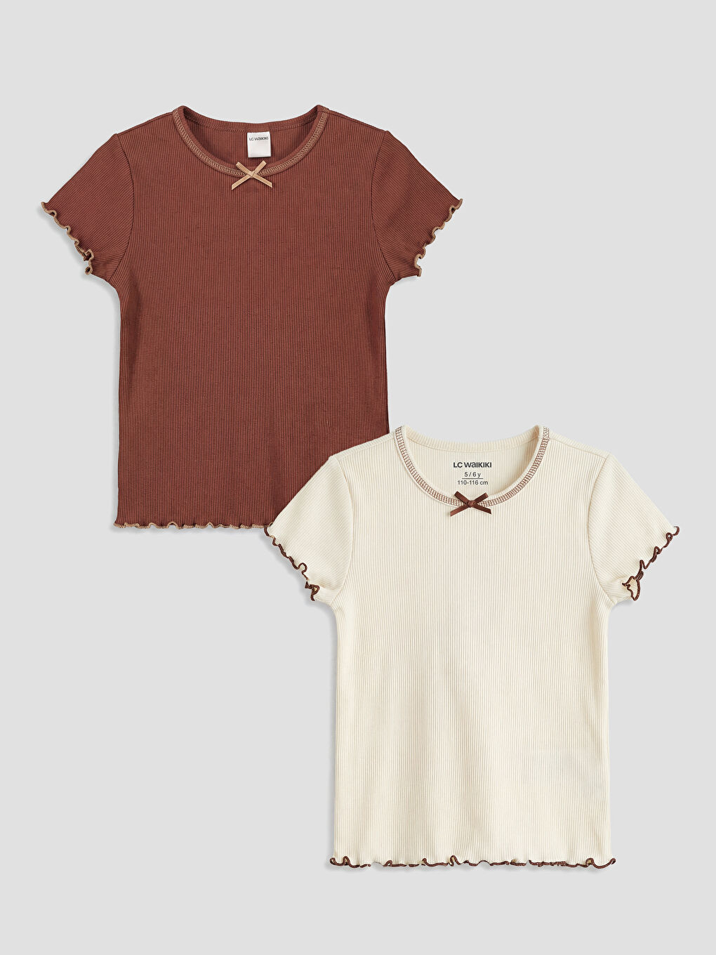 Ekru Bisiklet Yaka Fiyonk Detaylı Kız Çocuk  Tişört 2'li 