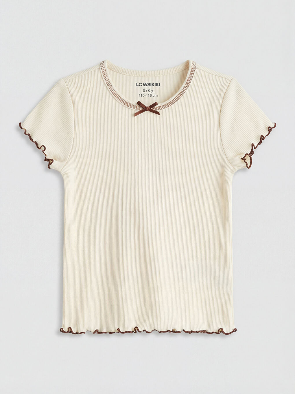 Ekru Bisiklet Yaka Fiyonk Detaylı Kız Çocuk  Tişört 2'li -1