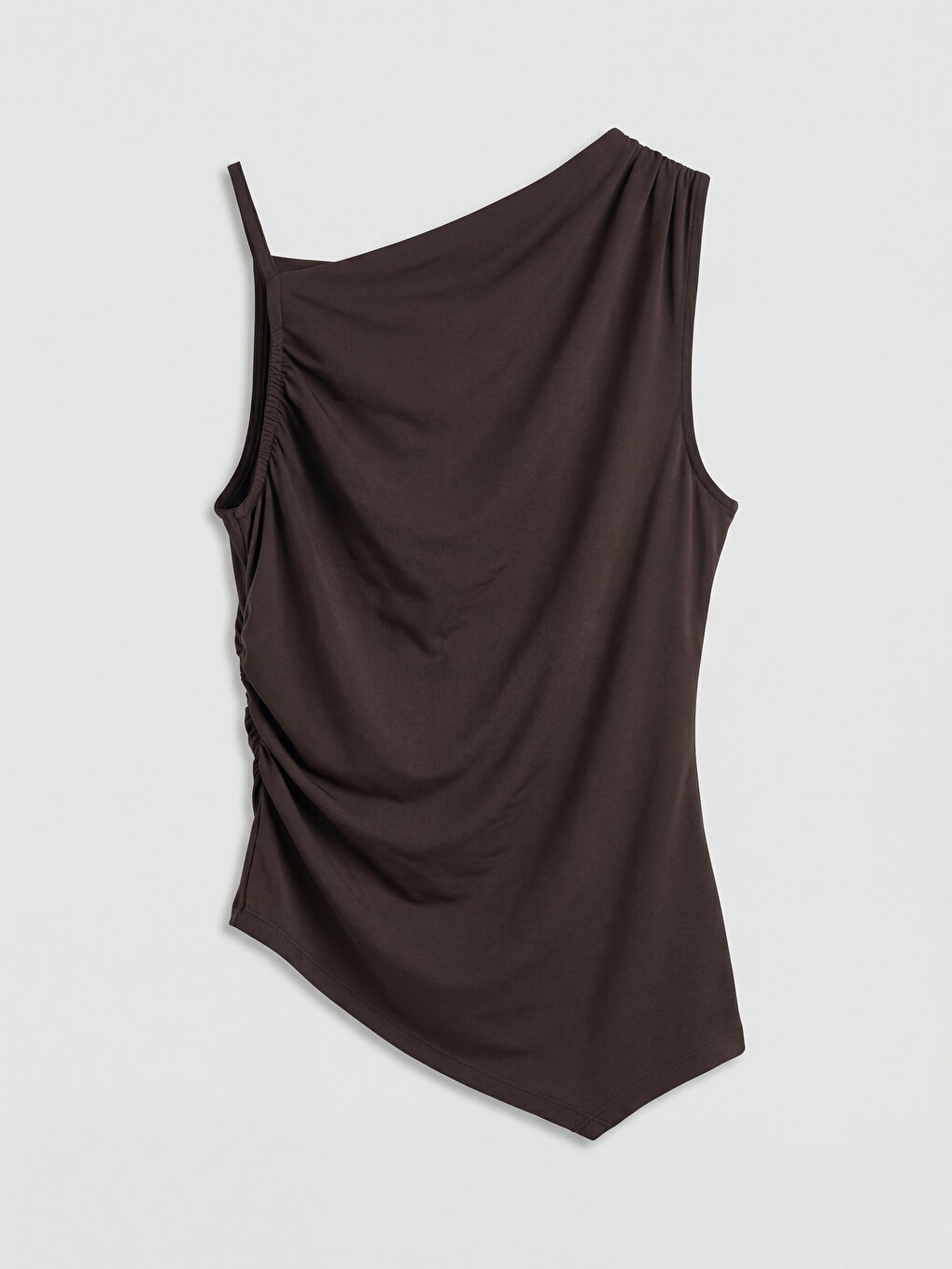 Kahverengi Asimetrik Yaka Büzgülü Bluz