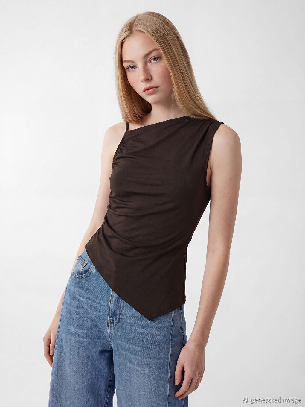 Bluză cu guler asimetric cu fronseuri