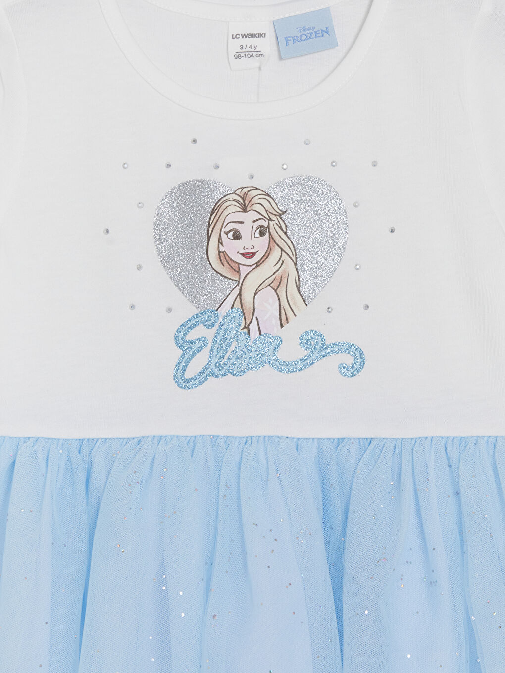 Beyaz Frozen Baskılı Bisiklet Yaka Kız Çocuk Tül Elbise-2
