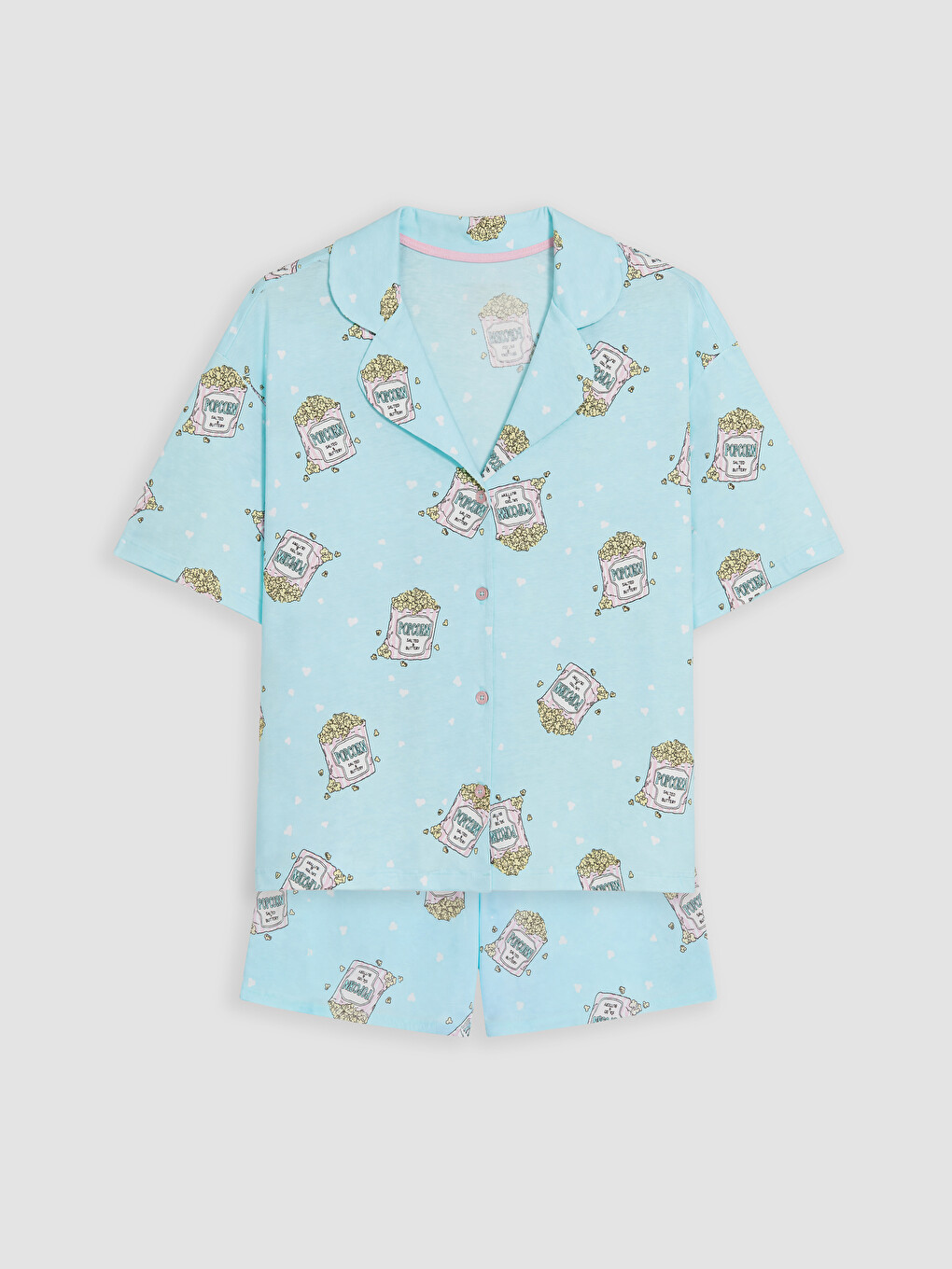 Turkuaz Gömlek Yaka Baskılı Kadın Şortlu Pijama Takımı