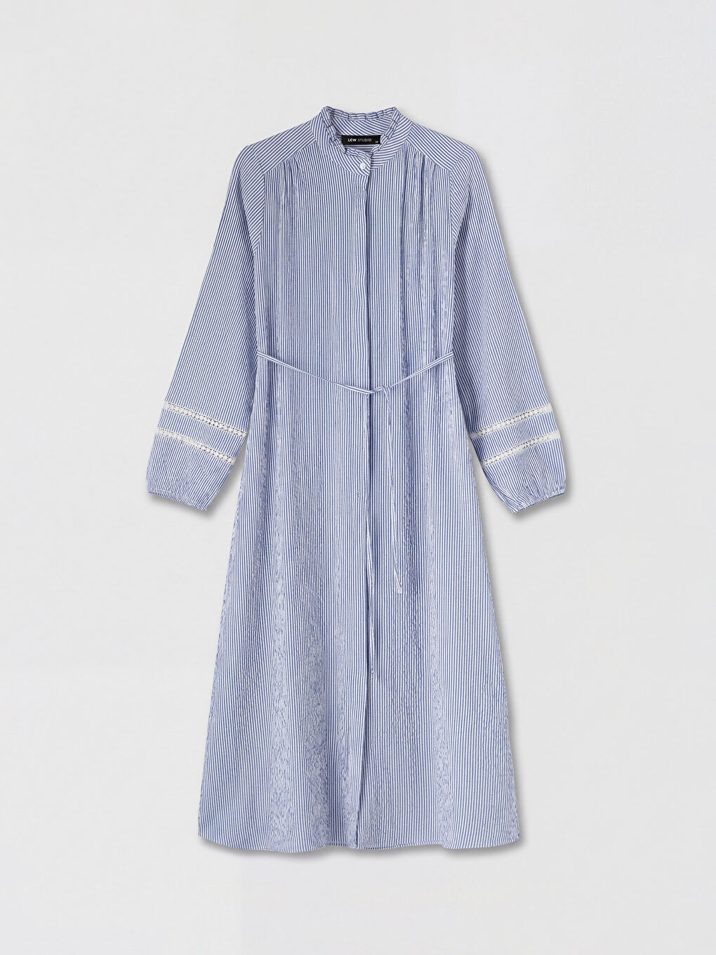 Mavi Hakim Yaka Çizgili Gofre Gömlek Elbise