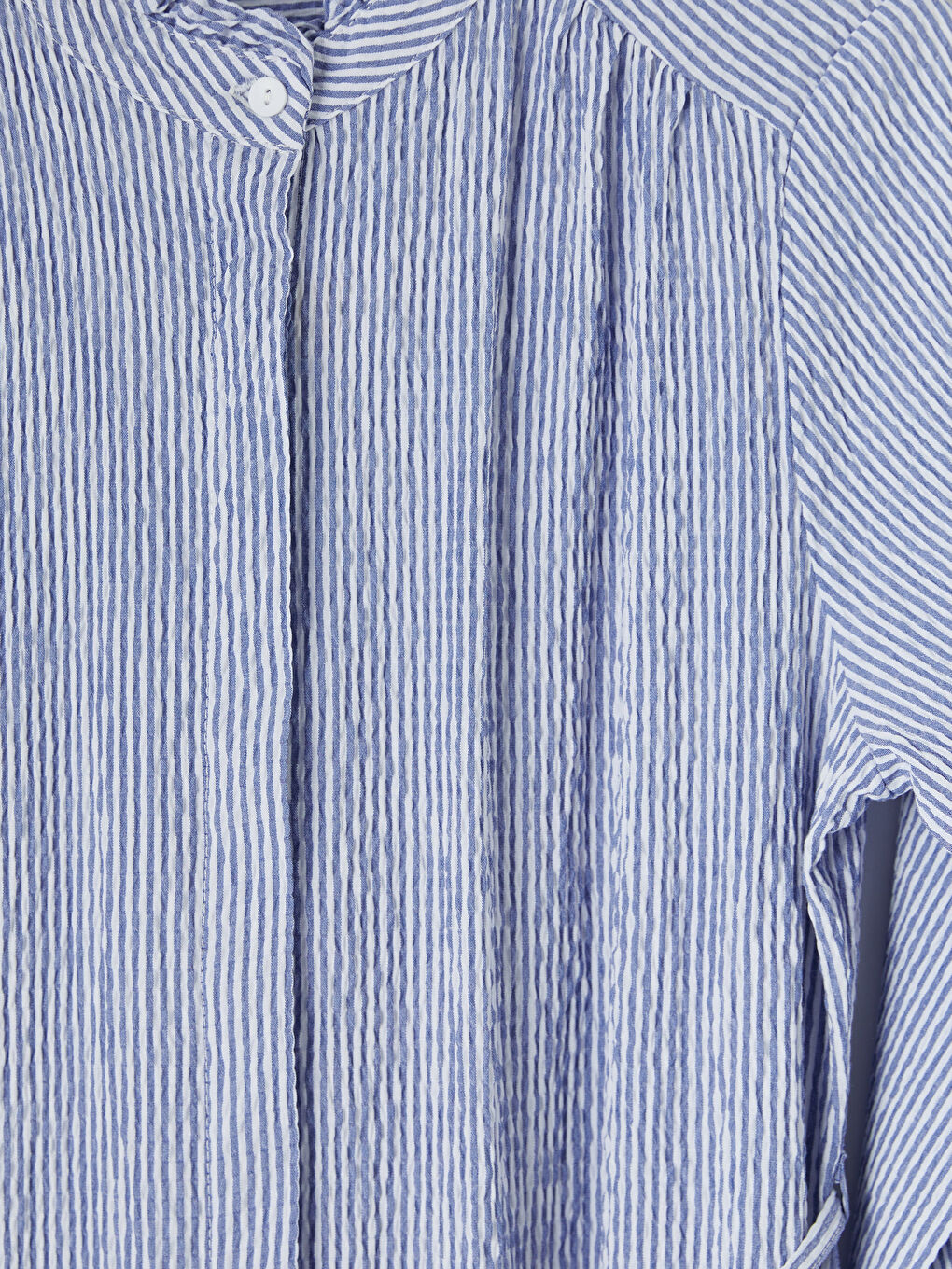 Mavi Hakim Yaka Çizgili Gofre Gömlek Elbise-2