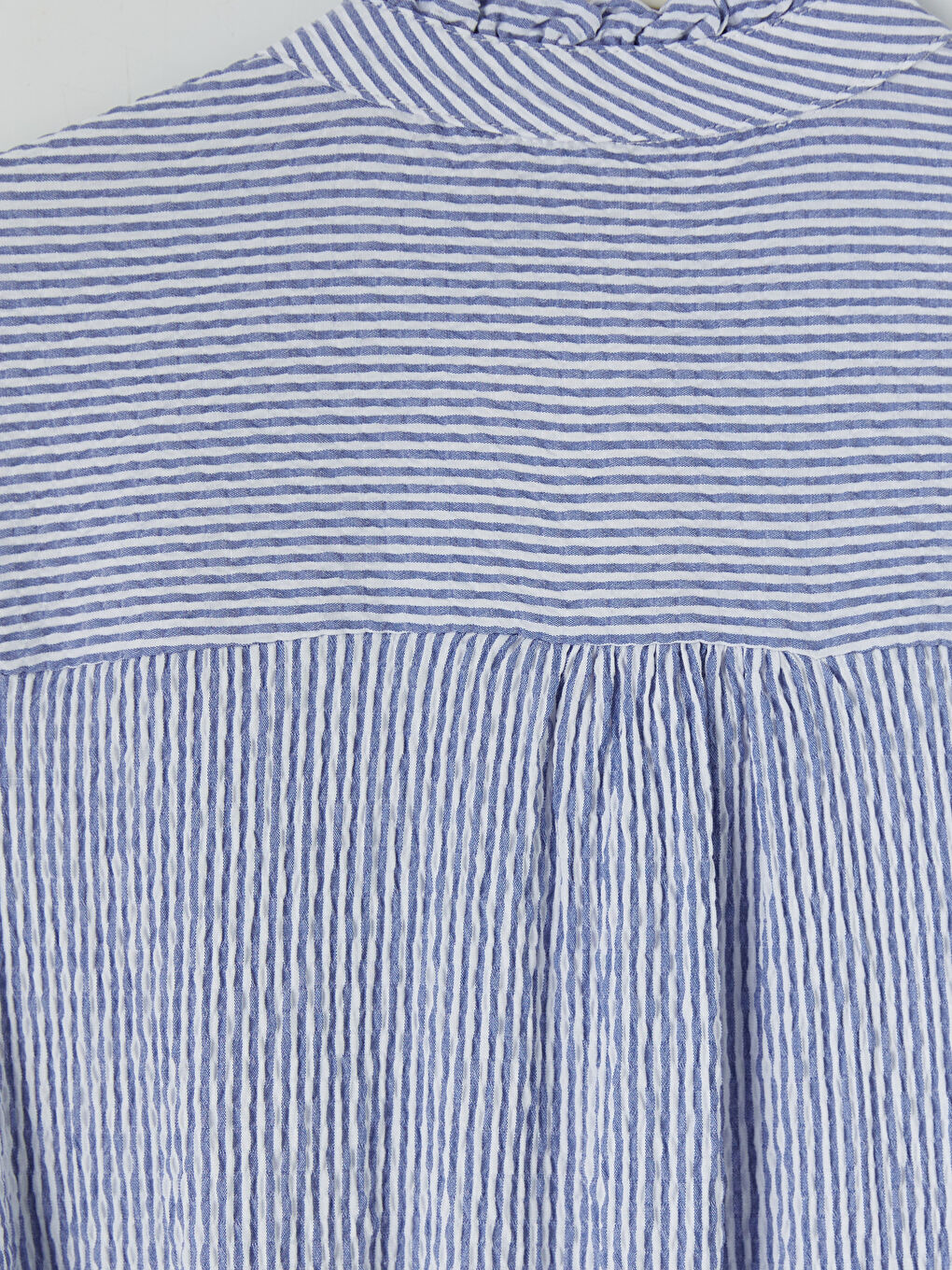 Mavi Hakim Yaka Çizgili Gofre Gömlek Elbise-3