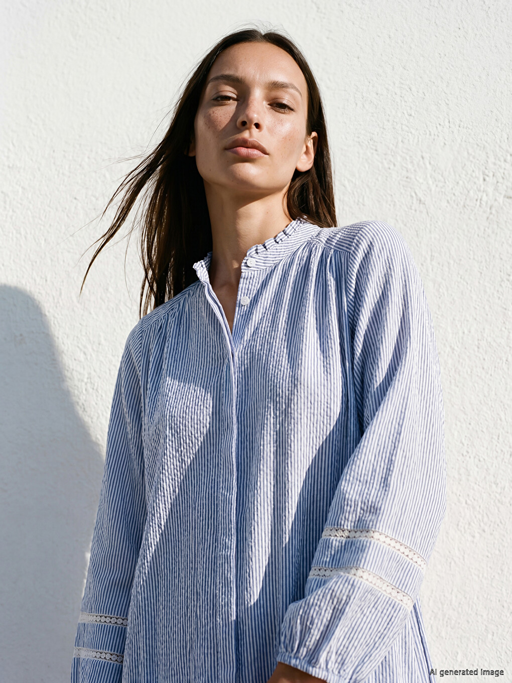 Grandad Collar Striped Seersucker Shirt Dress-1