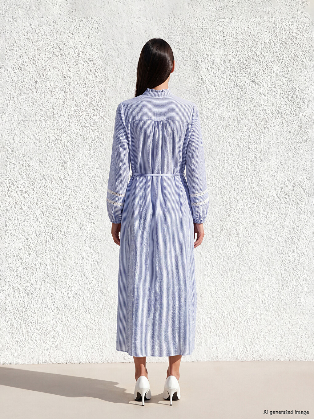 Grandad Collar Striped Seersucker Shirt Dress-3