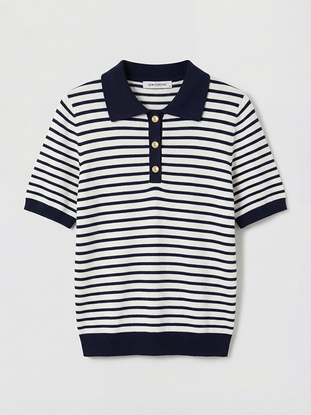 Lacivert Polo Yaka Çizgili Kadın Triko Kazak-4