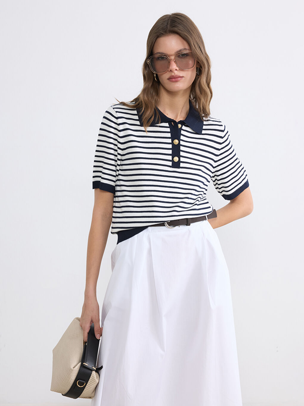 Lacivert Polo Yaka Çizgili Kadın Triko Kazak