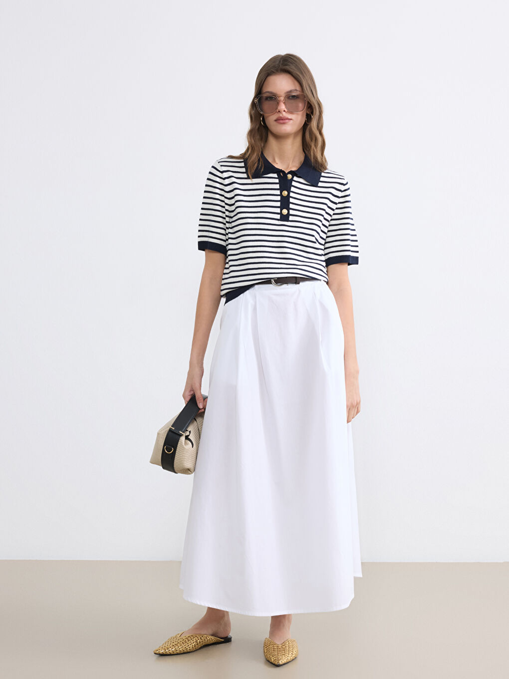 Lacivert Polo Yaka Çizgili Kadın Triko Kazak-1