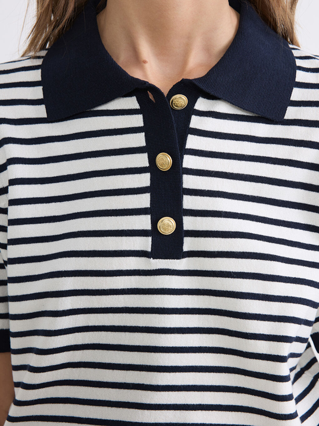 Lacivert Polo Yaka Çizgili Kadın Triko Kazak-2