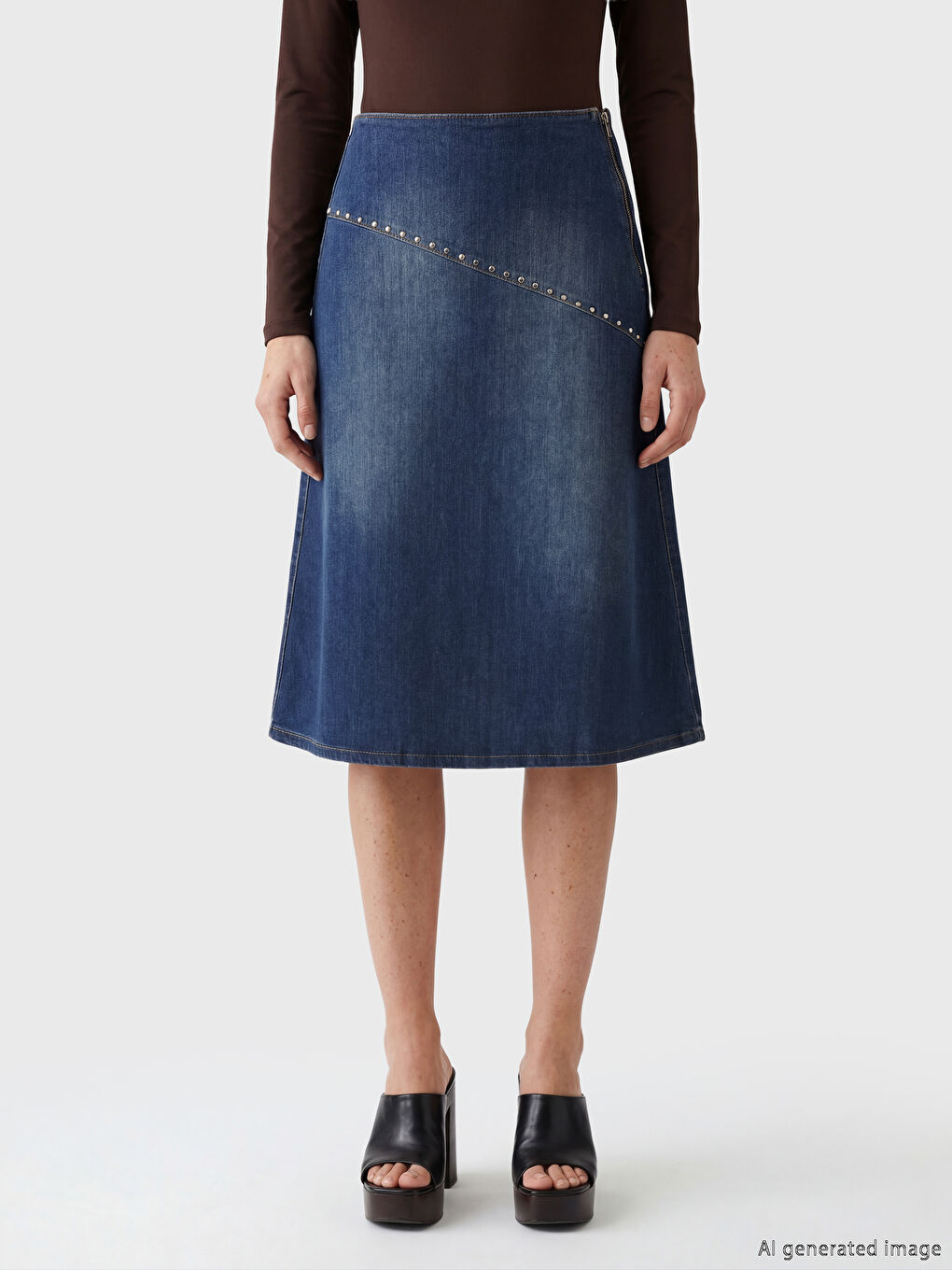 Lacivert Beli Fermuarlı Taşlı A Kesim Jean Etek-1