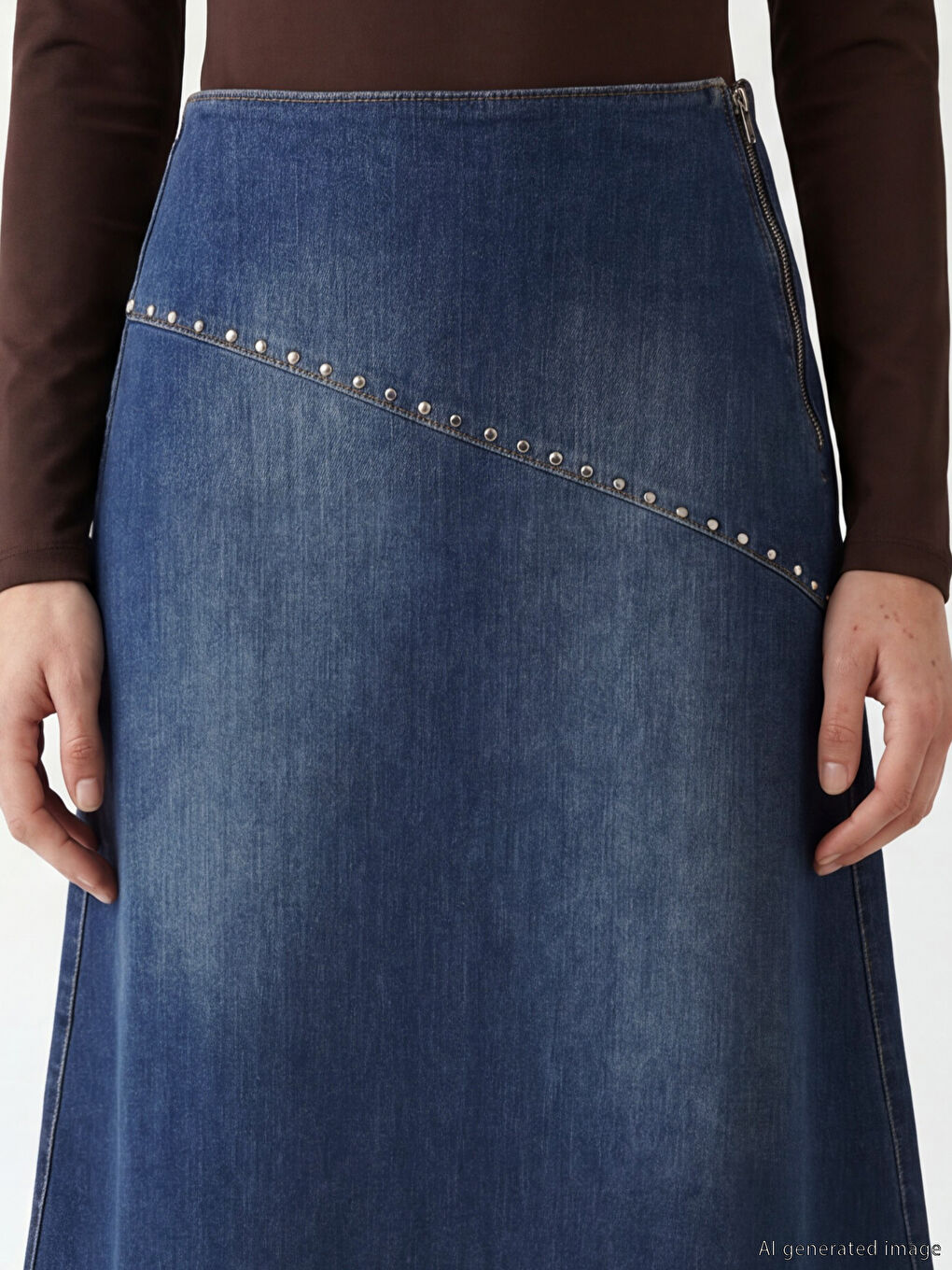 Lacivert Beli Fermuarlı Taşlı A Kesim Jean Etek-2