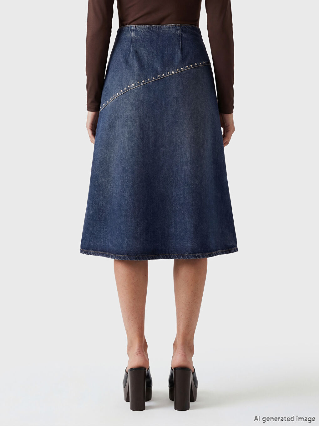 Lacivert Beli Fermuarlı Taşlı A Kesim Jean Etek-3