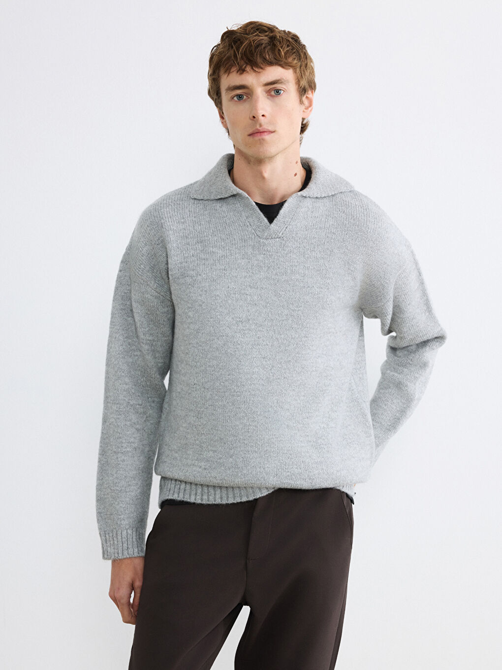 Gri Polo Yaka Erkek Triko Kazak