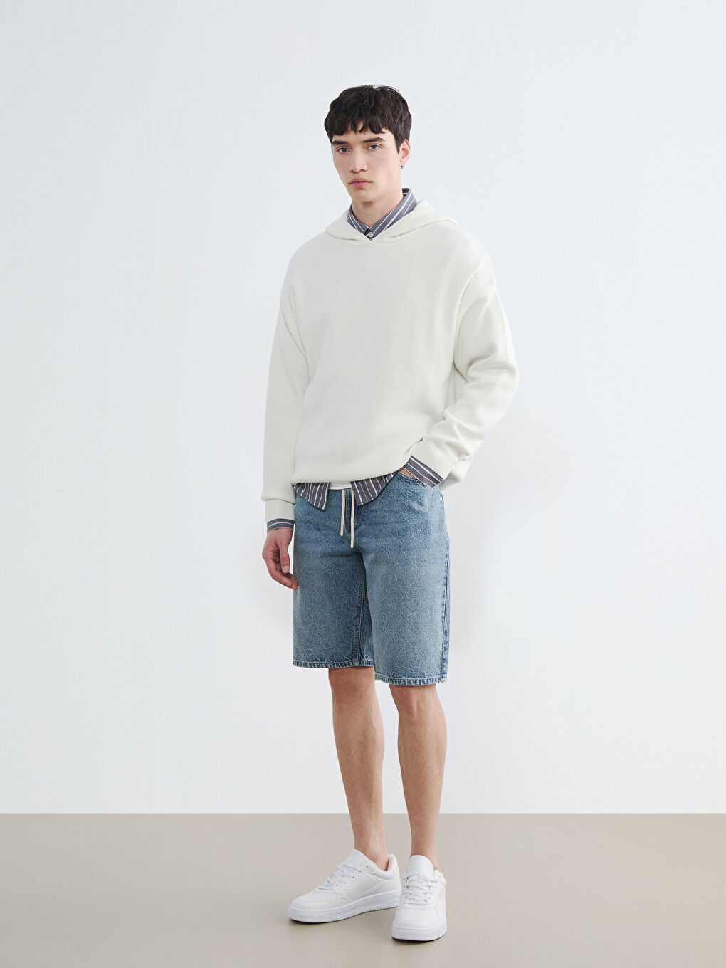 Ekru Kapüşonlu Erkek Triko Kazak-1