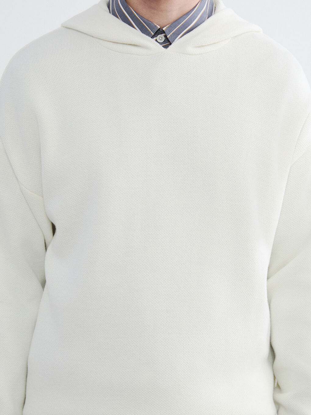 Ekru Kapüşonlu Erkek Triko Kazak-2