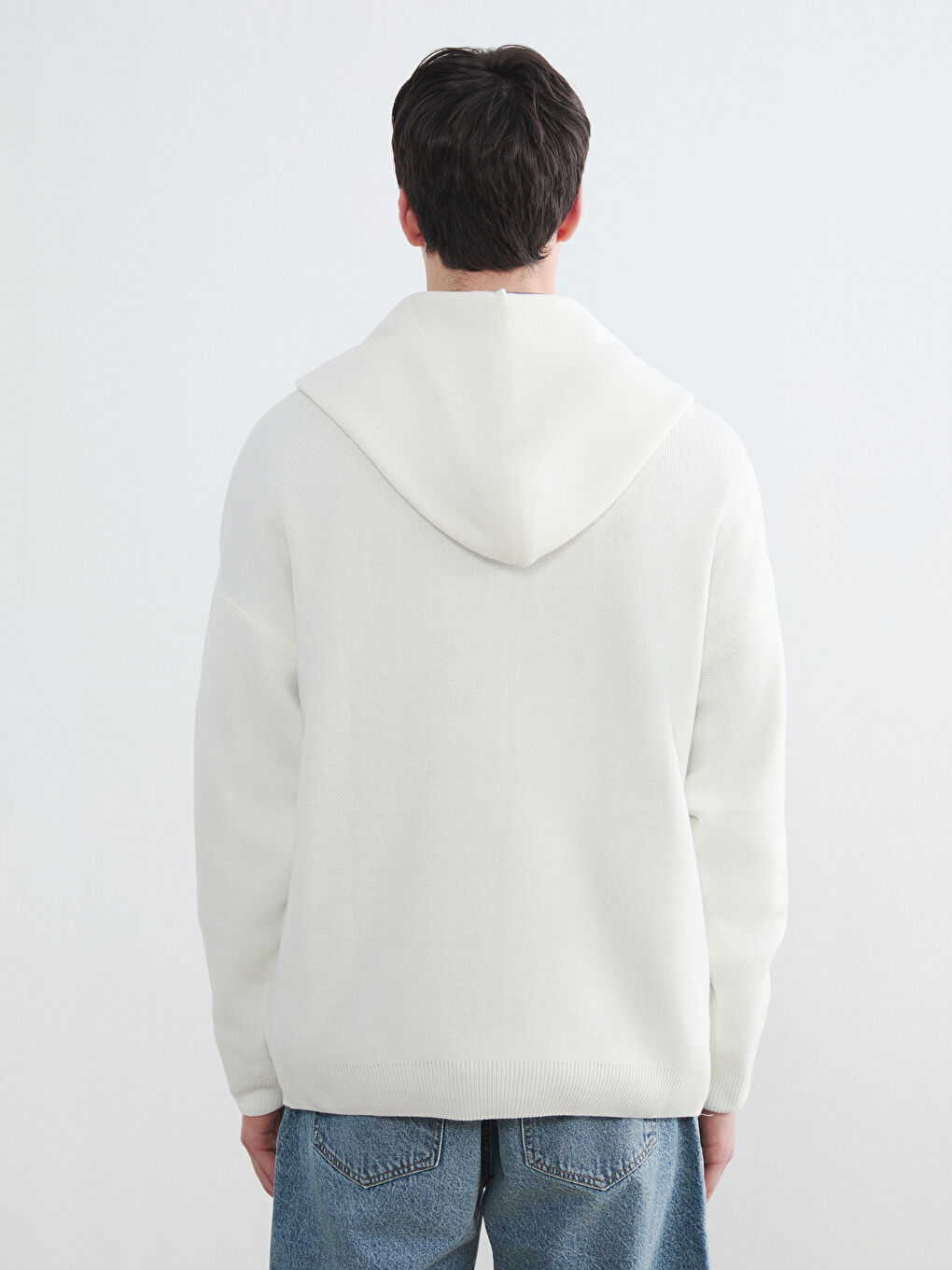 Ekru Kapüşonlu Erkek Triko Kazak-3