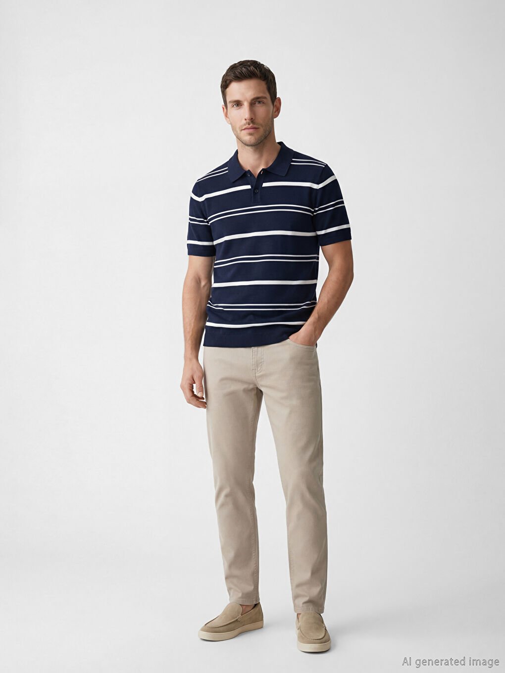 Lacivert Polo Yaka Çizgili Erkek Triko Tişört-1