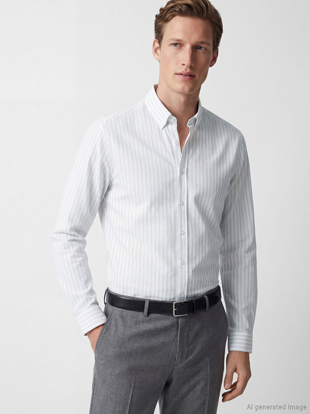 Beyaz Standart Kalıp Çizgili Oxford Erkek Gömlek