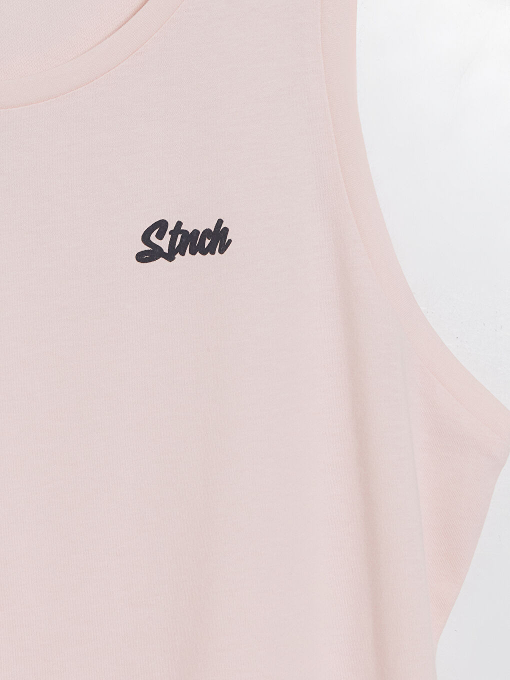 Pembe Bisiklet Yaka Stitch Nakışlı Erkek Kolsuz Tişört-1