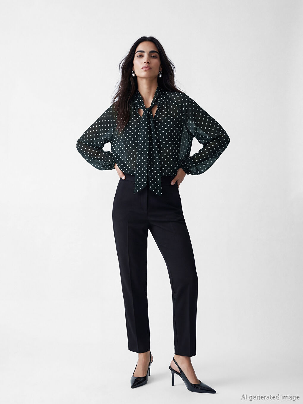 Siyah Fular Yaka Puantiyeli Bluz-1