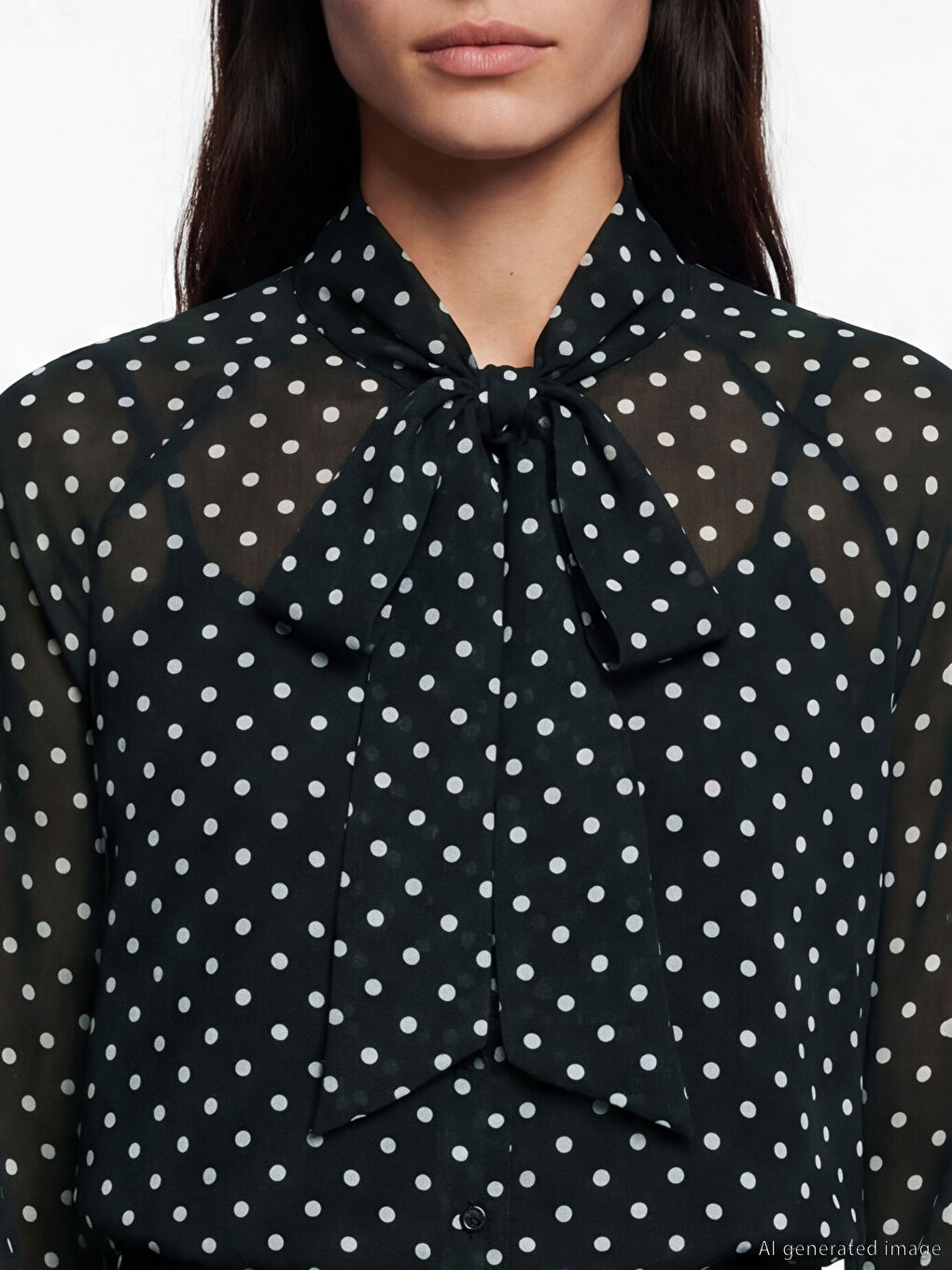 Siyah Fular Yaka Puantiyeli Bluz-3