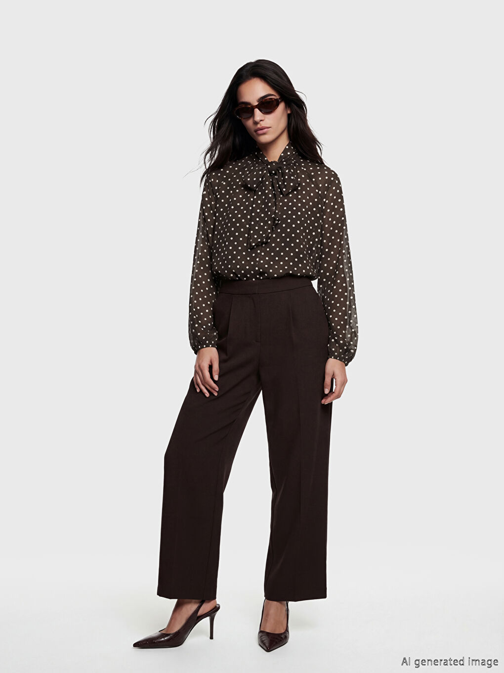 Kahverengi Fular Yaka Puantiyeli Bluz-1