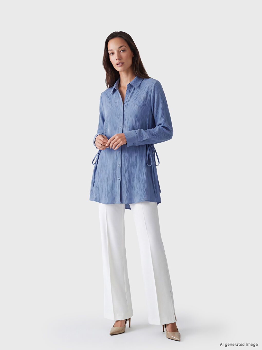 Tie-Detail Seersucker Women's Shirt Tunic-1