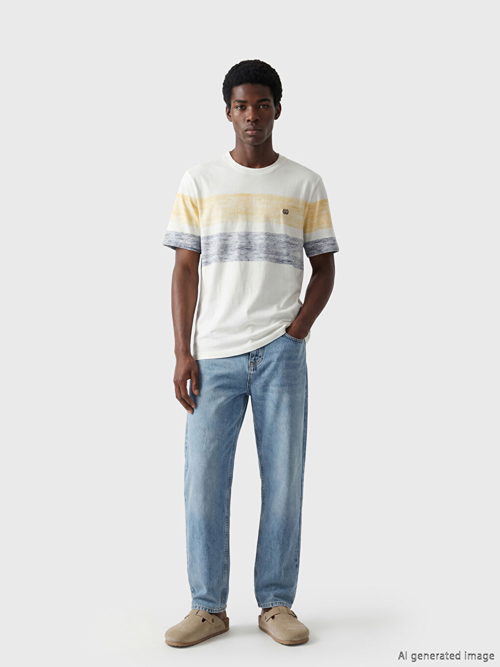 Beyaz Bisiklet Yaka Renk Bloklu Penye Erkek Tişört-1