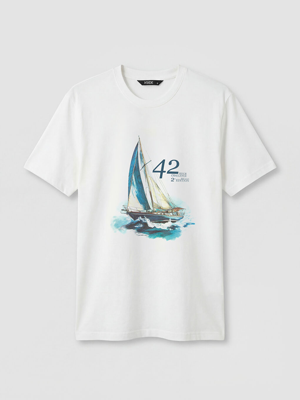 Ekru Bisiklet Yaka Baskılı Penye Erkek Tişört