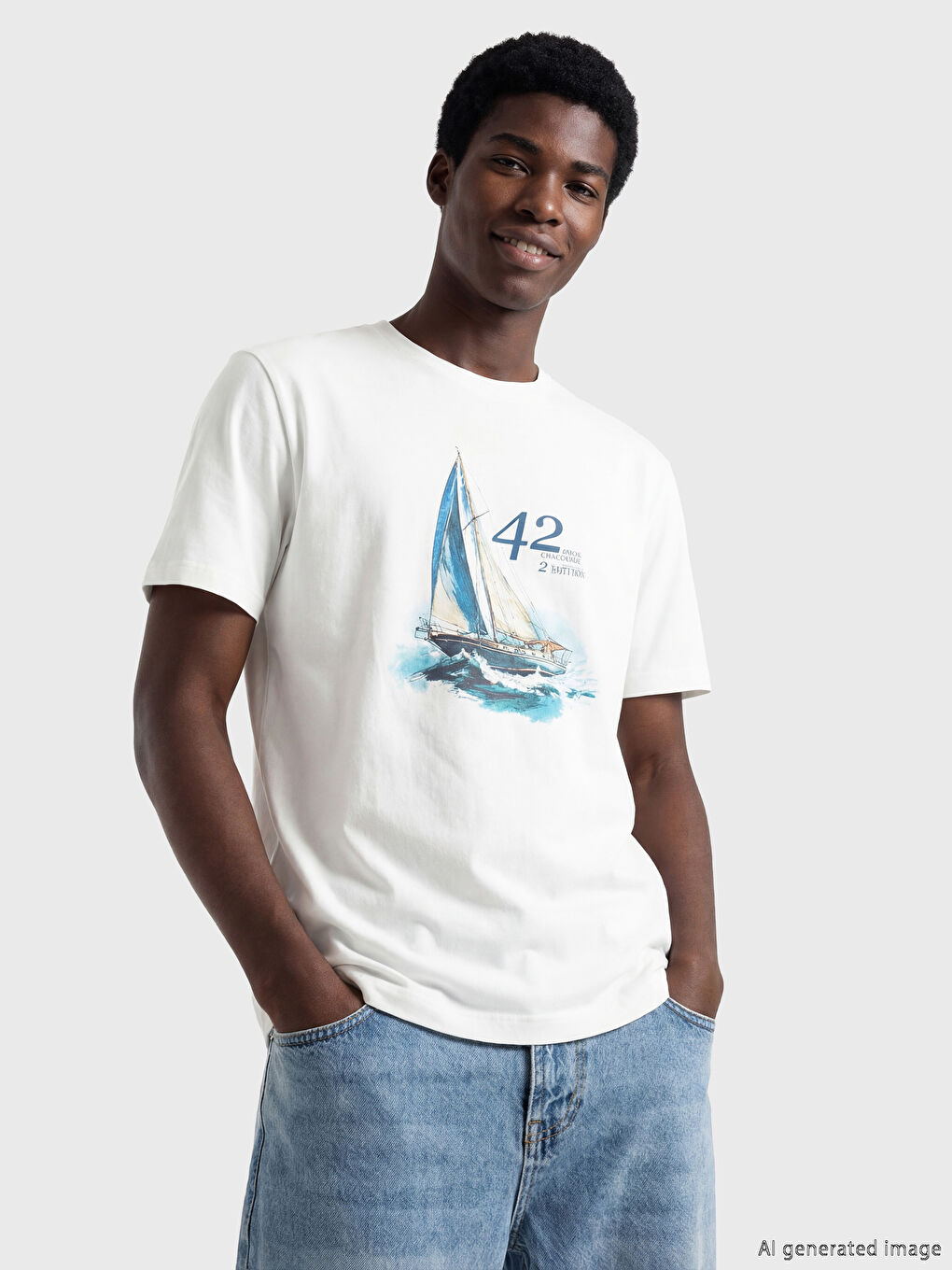 Beyaz Bisiklet Yaka Baskılı Penye Erkek Tişört