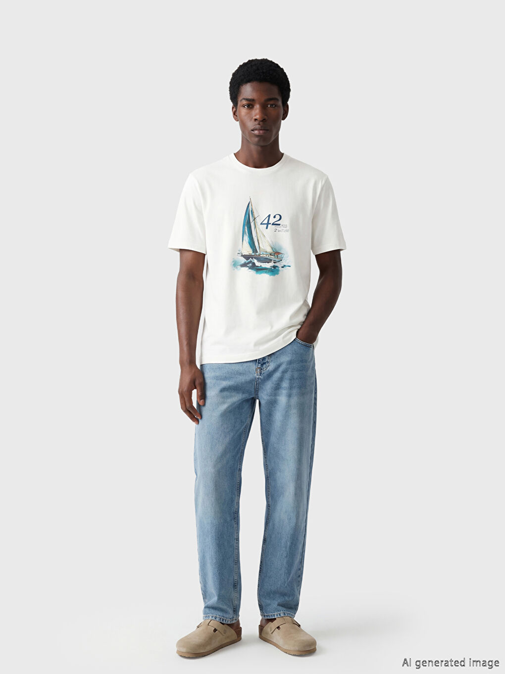 Beyaz Bisiklet Yaka Baskılı Penye Erkek Tişört-1