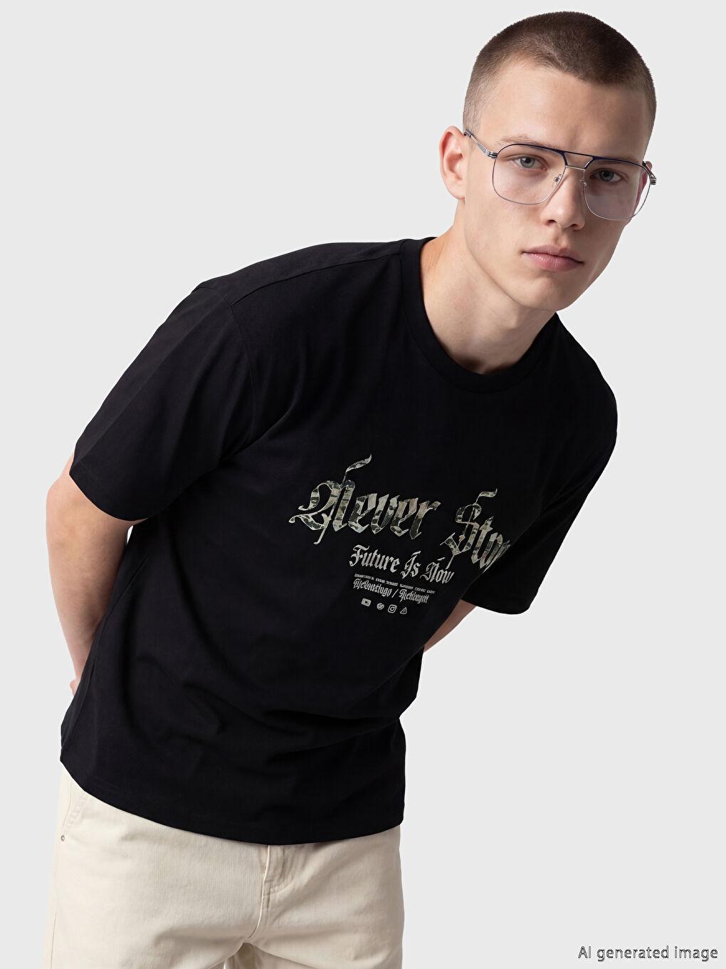 Siyah Bisiklet Yaka Baskılı Erkek Tişört