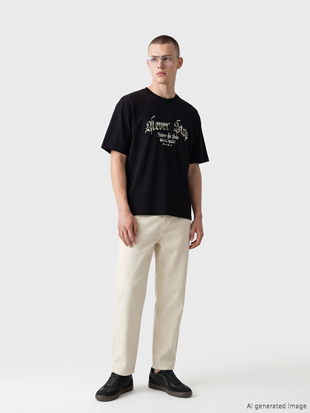 Siyah Bisiklet Yaka Baskılı Erkek Tişört-1