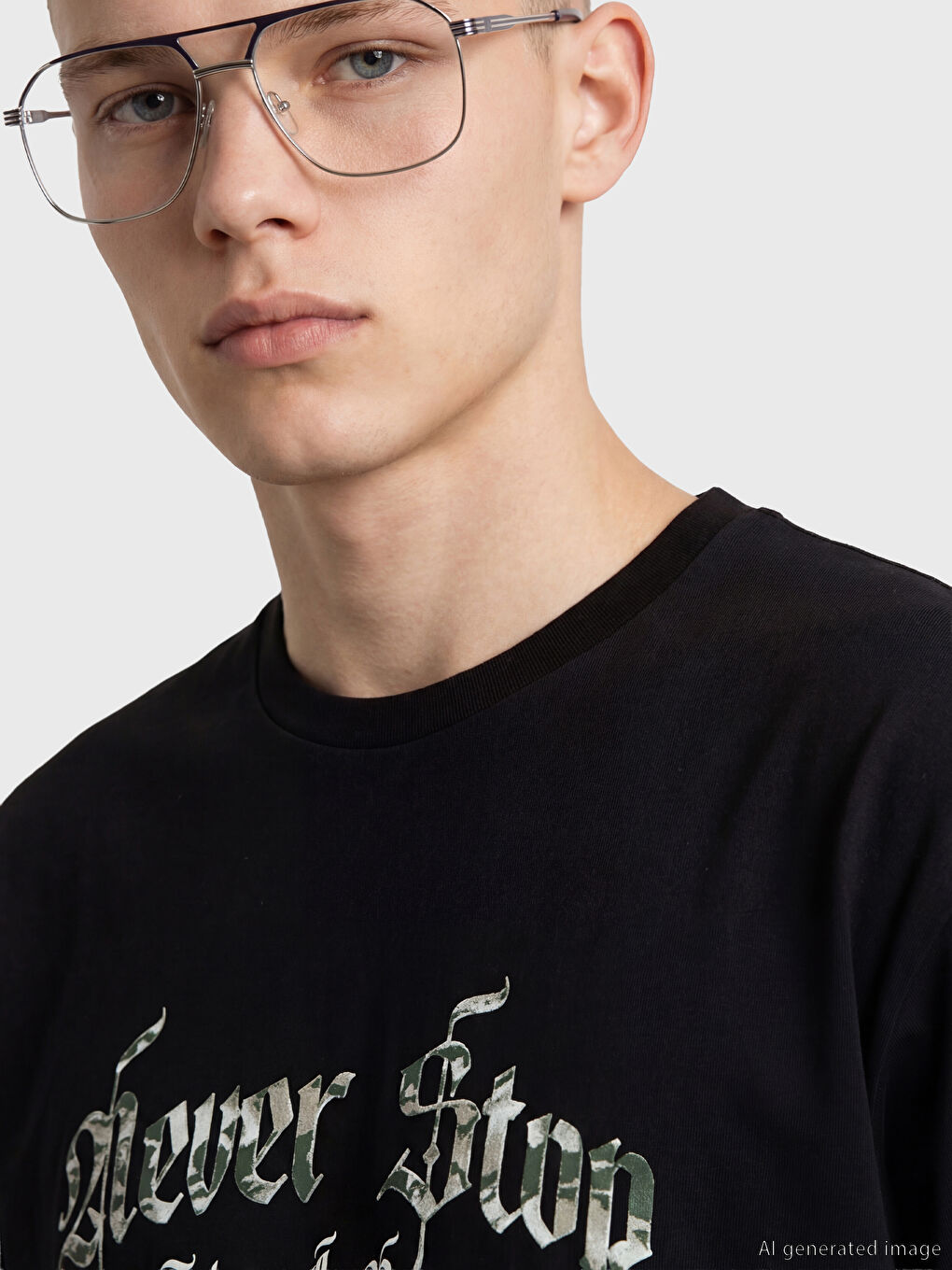 Siyah Bisiklet Yaka Baskılı Erkek Tişört-2