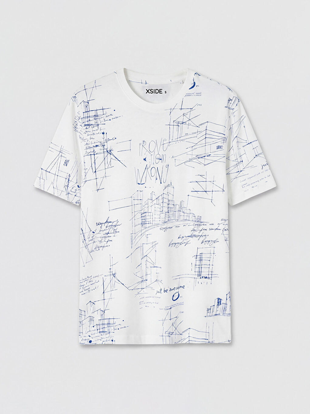 Beyaz Bisiklet Yaka Baskılı Penye Erkek Tişört