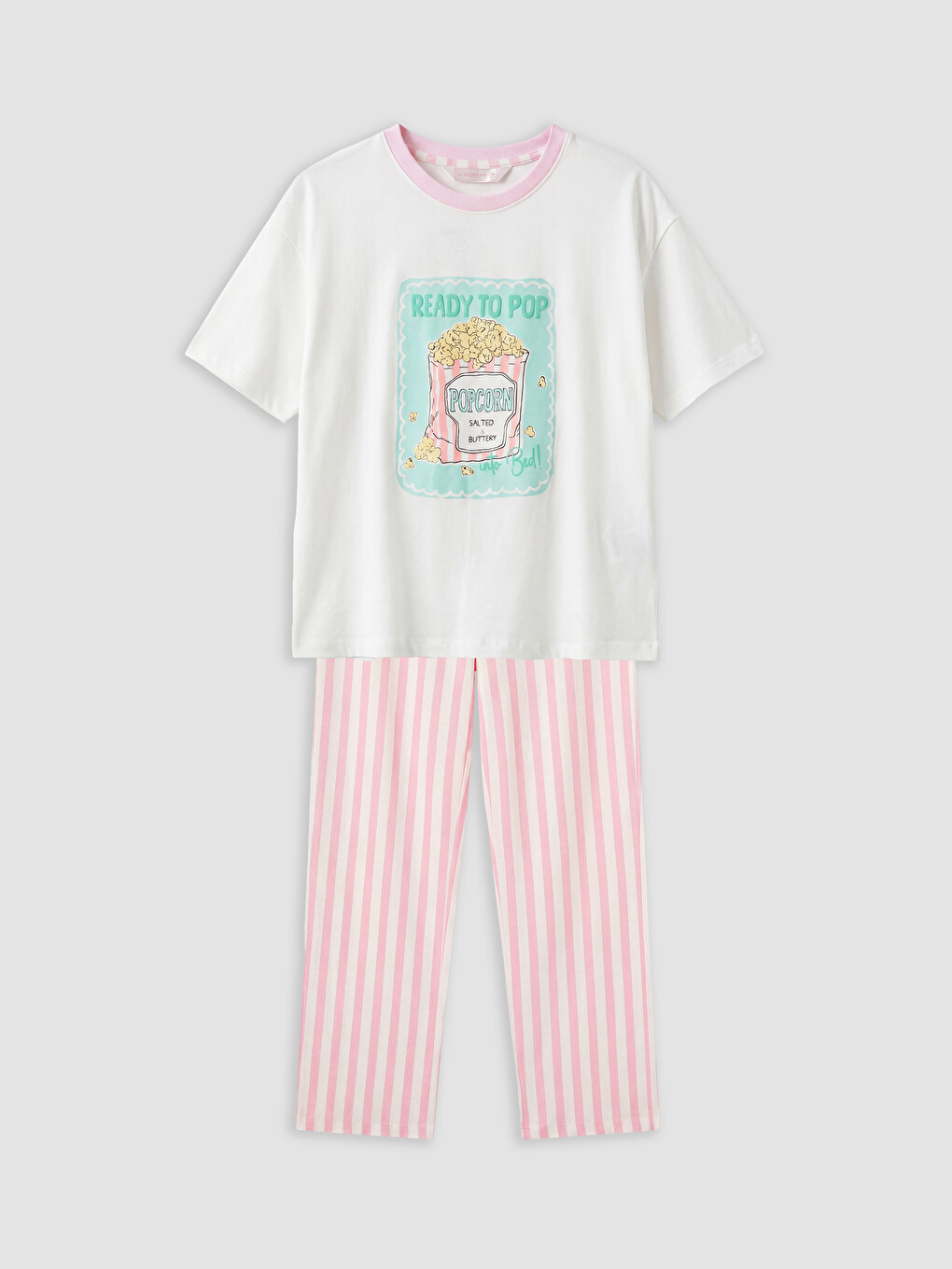 Pembe Bisiklet Yaka Baskılı Kadın Pijama Takımı