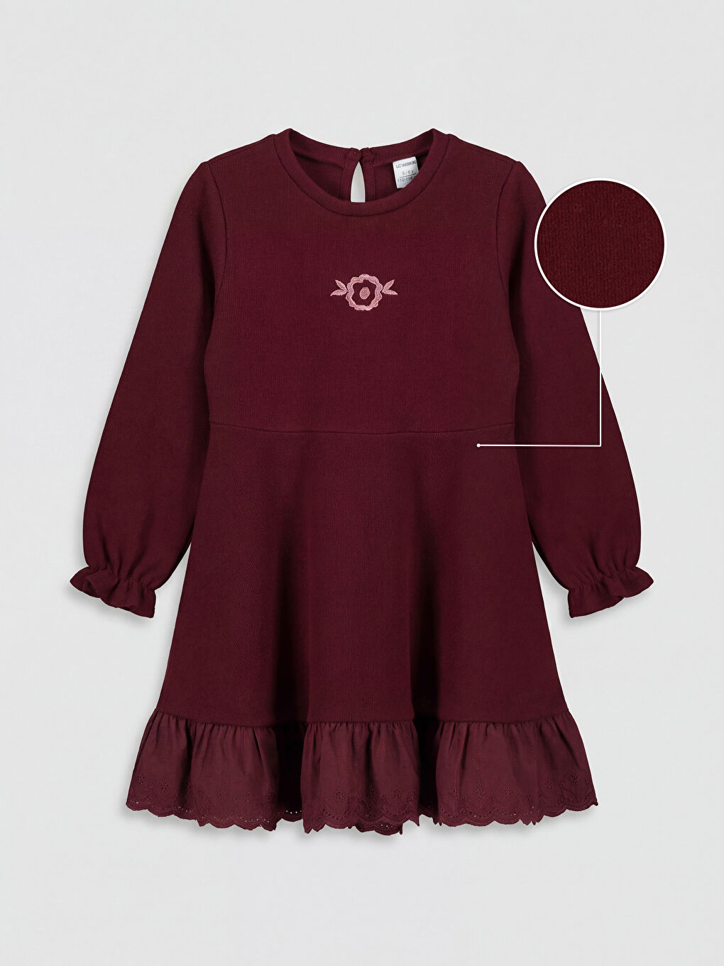 Bordo Nakışlı Uzun Kollu Kız Çocuk Elbise