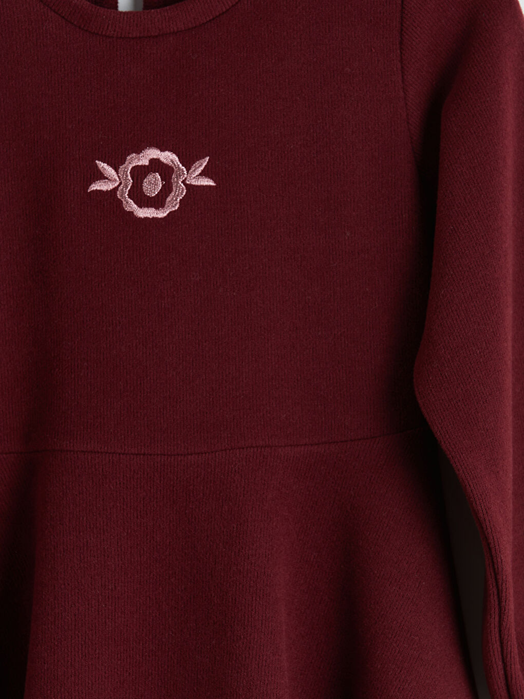Bordo Nakışlı Uzun Kollu Kız Çocuk Elbise-2