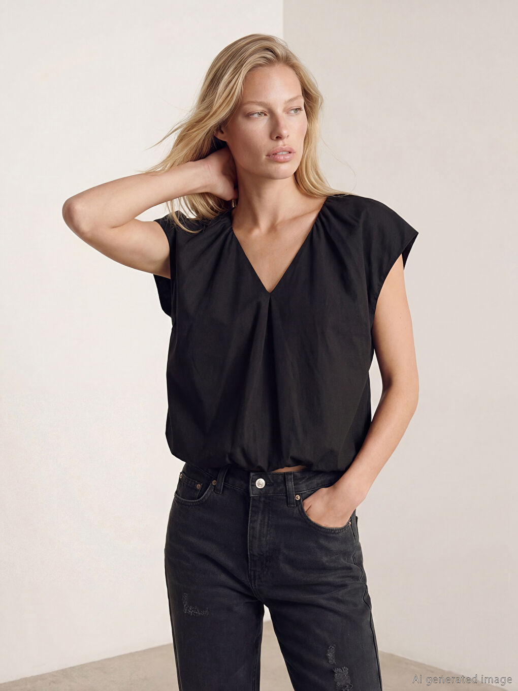 Siyah V Yaka Büzgülü Poplin Bluz