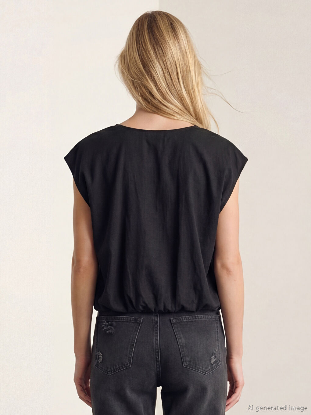 Siyah V Yaka Büzgülü Poplin Bluz-2