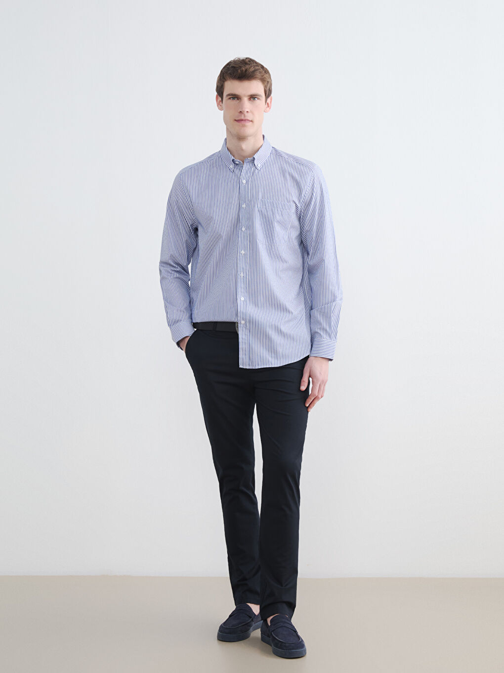 Mavi Rahat Kalıp Çizgili Erkek Gömlek-3
