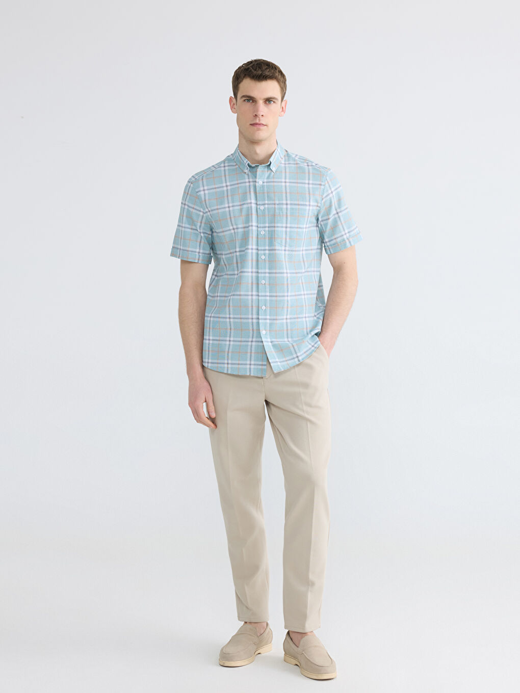 Yeşil Regular Fit Ekose Keten Görünümlü Erkek Gömlek-1