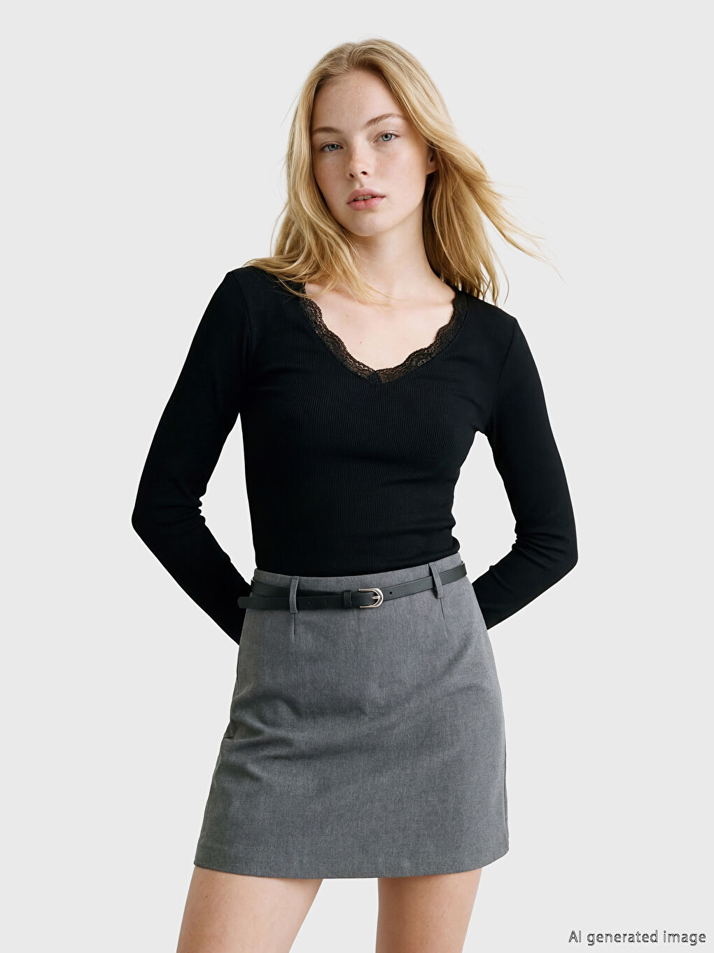 Siyah V Yaka Dantel Detaylı Bluz	