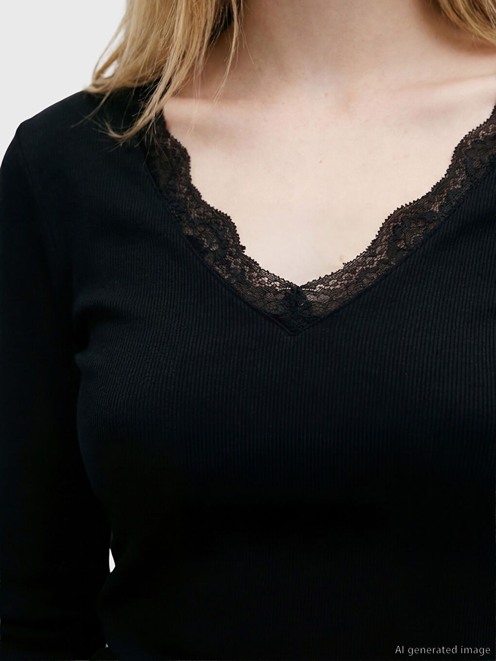 Siyah V Yaka Dantel Detaylı Bluz	-2