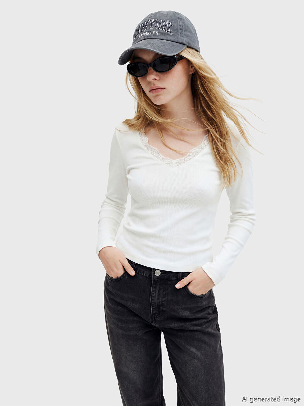 Beyaz V Yaka Dantel Detaylı Bluz	