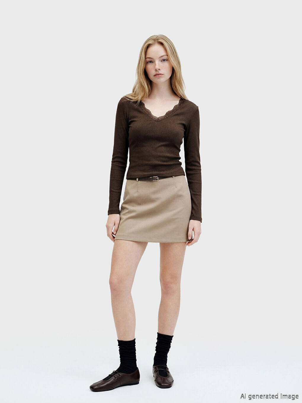 Kahverengi V Yaka Dantel Detaylı Bluz	-1