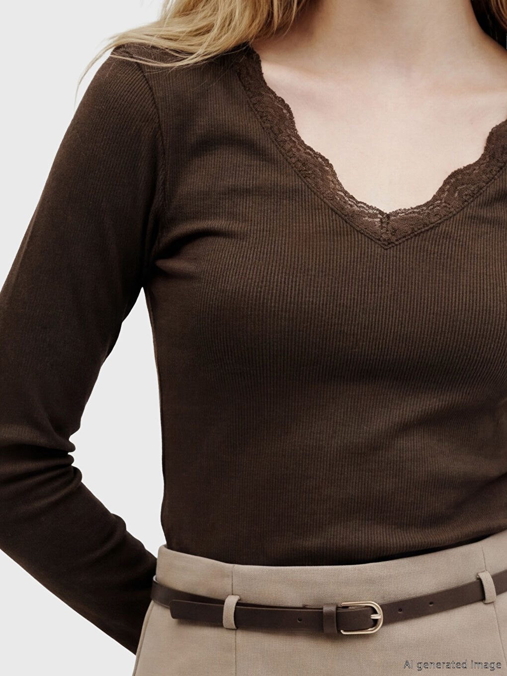 Kahverengi V Yaka Dantel Detaylı Bluz	-2